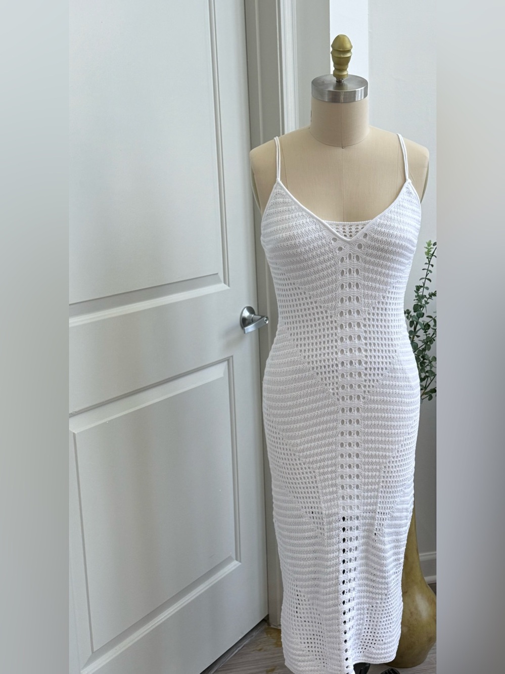 Express White Crochet Maxi Slip Dress with Spaghetti Straps